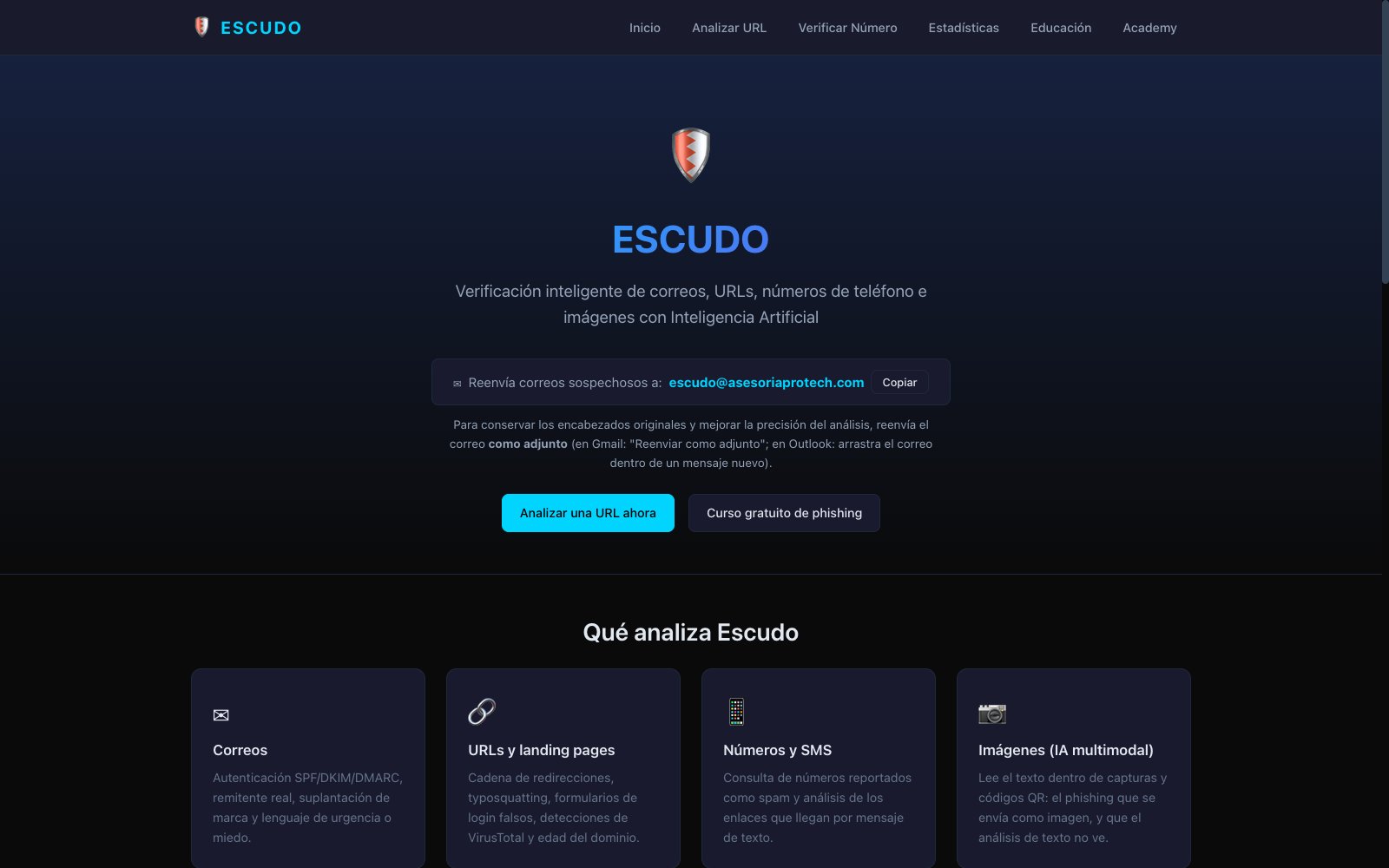 Escudo — verificación de enlaces y números sospechosos.