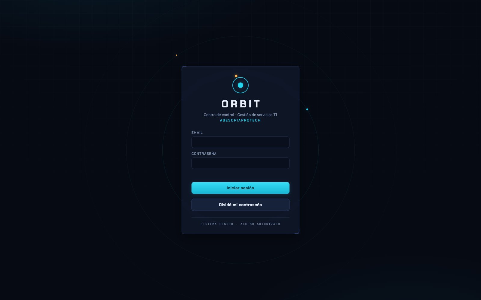 Pantalla de acceso de ORBIT. La operación es de clientes; el interior no se publica.